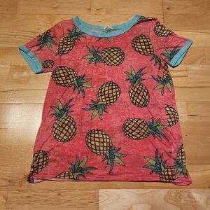 Bibi Pink Pineapple T-shirt, Blue Collar& Sleeve, Size Small